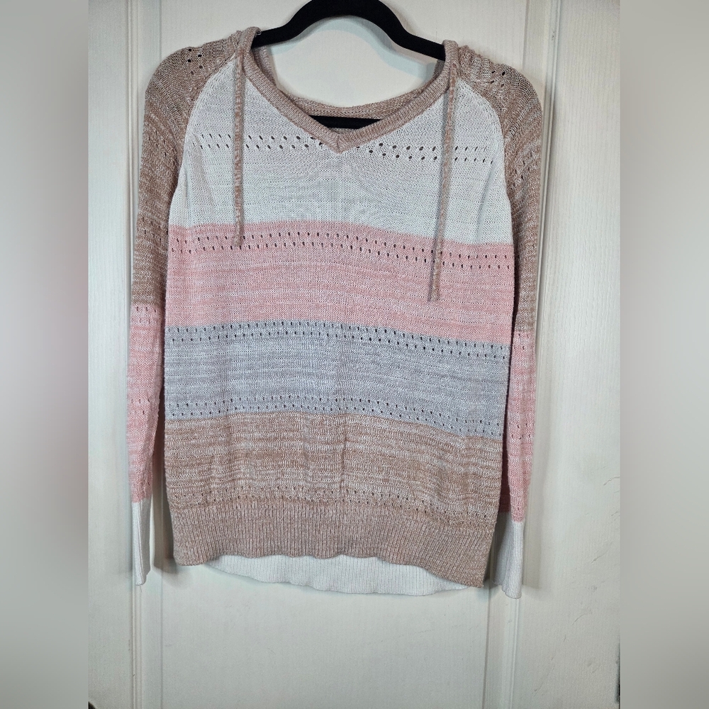White Pink Gray Tan Striped Lightweight Hoodie Sweater Size XS-S - Picture 1 of 11